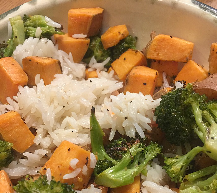 Roasted Sweet Potato and Broccoli grace grits and gardening